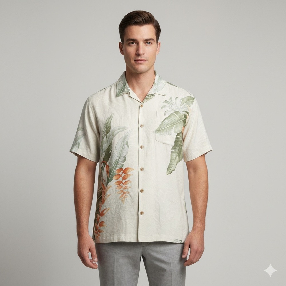 Tommy Bahama Mens XLX Silk Button Down Shirt Tropical‎ Floral Ivory Cream